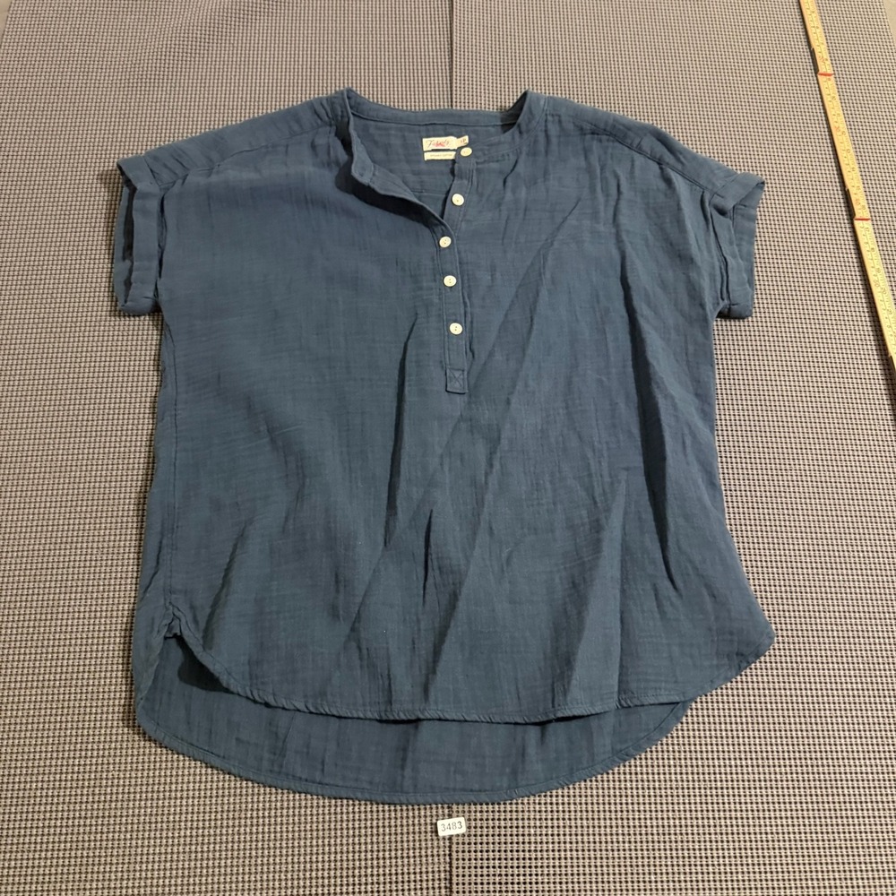 Faherty Women Blue Organic Cotton Gauze Henley Short Sleeve Blouse Size S